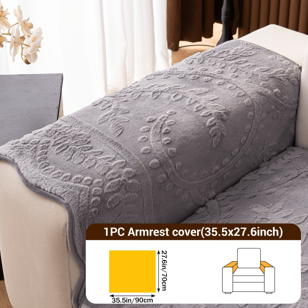 Faux Rabbit Fur Plush Sofa Cover Non-Slip | Thickened Quilted Couch Cushion, Machine Washable Pet Friendly, 1 to 4 Seat Armrest Backrest, White Light Grey Brown, Home Winter Decor