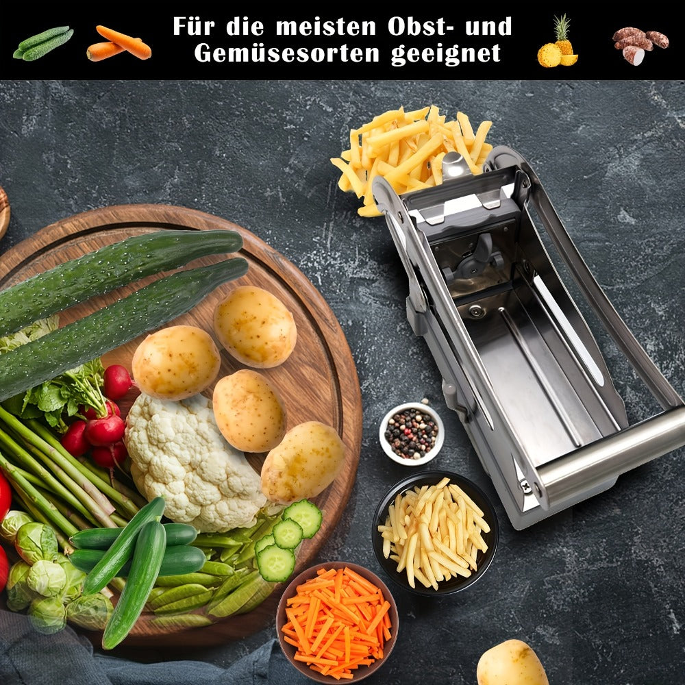 French Fry Cutter ¨C Stainless Steel Vegetable & Potato Slicer, Multi-Function Food Chopper for Potato, Carrot, Cucumber & Onion, with Storage Box