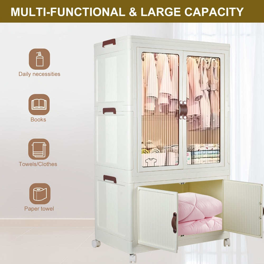 Portable Closet Wardrobe with Wheels & Hanging Rod ¨C Foldable Clothes Cabinet with Doors, 10 Hangers, Stackable Storage Bins, 70 GAL Collapsible Plastic Wardrobe Organizer