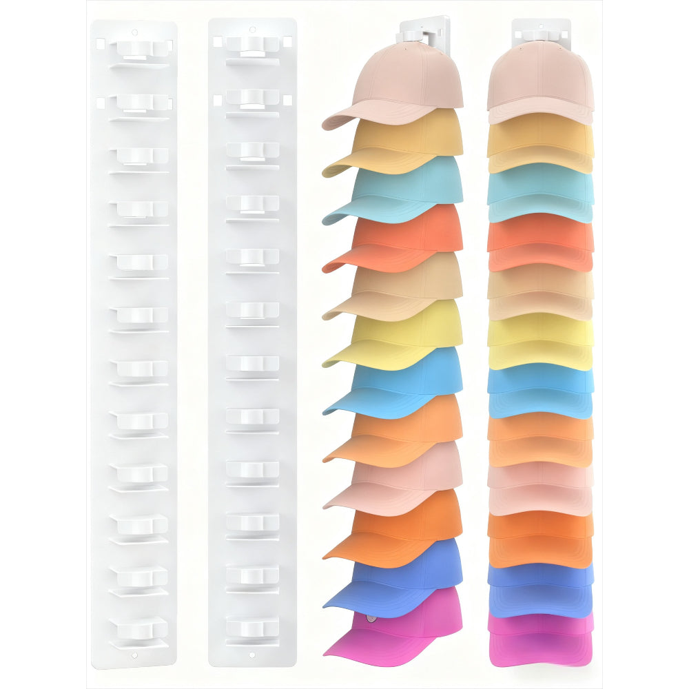 Hat Organizer Wall Mounted 2-Pack, 24-Cap Capacity Storage Hooks, Adhesive or Drill Install, Closet Entryway Bedroom Hat Rack, Durable Polypropylene, Space-Saving Vertical Display