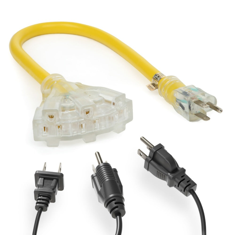 Heavy Duty Extension Cord Splitter Tri-Tap 2-Pack ¨C 15A SJTW Contractor Grade, LED Lighted Plug, 2ft Yellow Jacket for Outdoor & Job Site Use