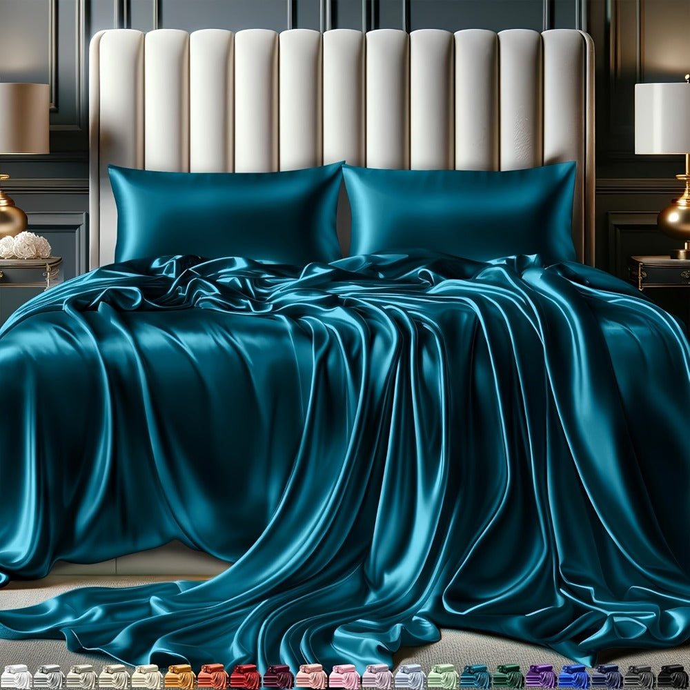 Satin Sheet Set 4 Piece Luxury Silky Smooth Soft Microfiber 15 Inch Deep Pocket Good for Hair Skin Double Stitching Wrinkle Free Twin Full Queen King