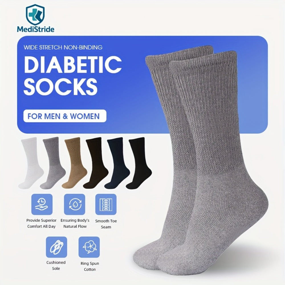 Cotton Diabetic Crew Socks 12 Pairs Non-Binding Neuropathy Loose Fit Seamless Cushioned Full Length for Men Women Edema Sensitive Feet White Black Brown Khaki Navy Grey