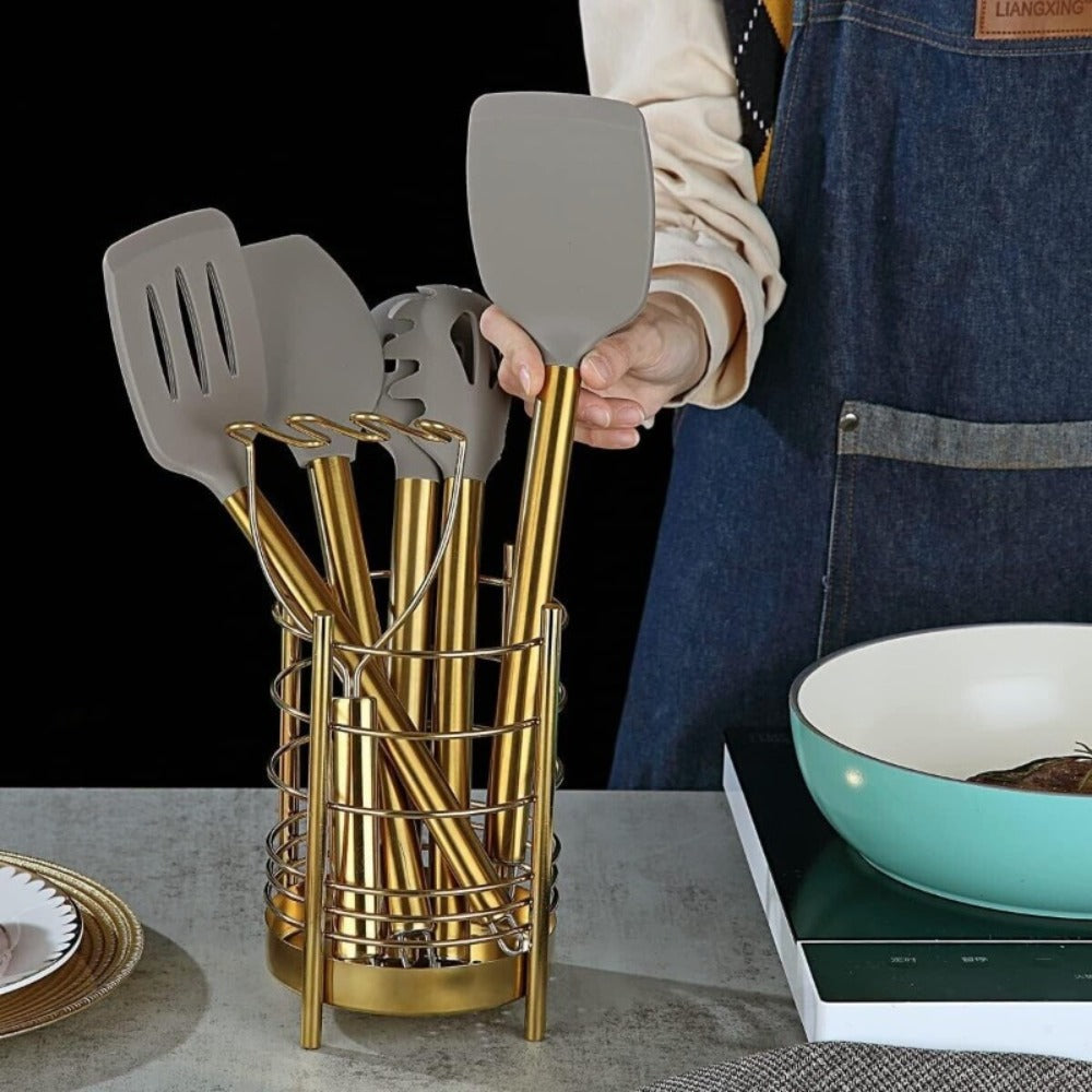 Kitchen Utensil Set 38 Piece Gold Stainless Steel with Silicone Heads Utensil Holder Measuring Cups Spoons Hooks BPA-Free Dishwasher Safe Complete Cooking Tool Set