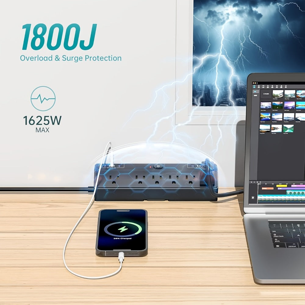 Desk Clamp Power Strip 12-in-1 Surge Protector with 6 Outlets 4 USB-A 2 USB-C PD 20W 40W Fast Charging Desktop Mount Flat Plug for Home Office Tabletop