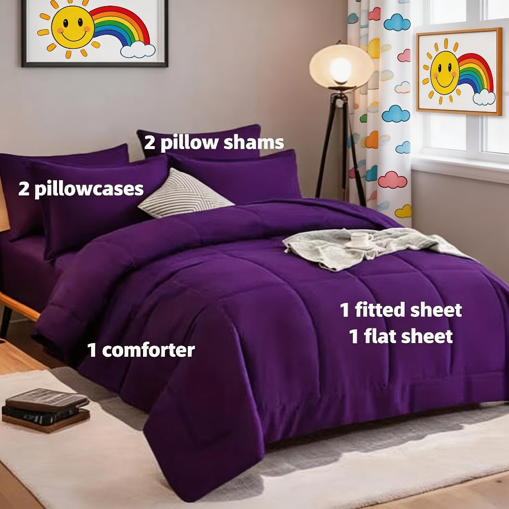 Comforter Set 7 Piece Bed in a Bag Full Queen King Soft Satin-Like Fabric with Fitted Sheet Flat Sheet Pillowcases Breathable Bedding Set for Bedroom Hotel