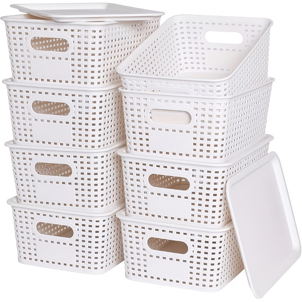 Storage Organizer Bins with Lids 4/8 Pack | Space-Saving Stackable Boxes 10¡±x7¡±x4¡± for Shelves, Closet & Desk - Declutter Bins for Dorm, Playroom & Office with File Organizer Bag, White Black Gray Red