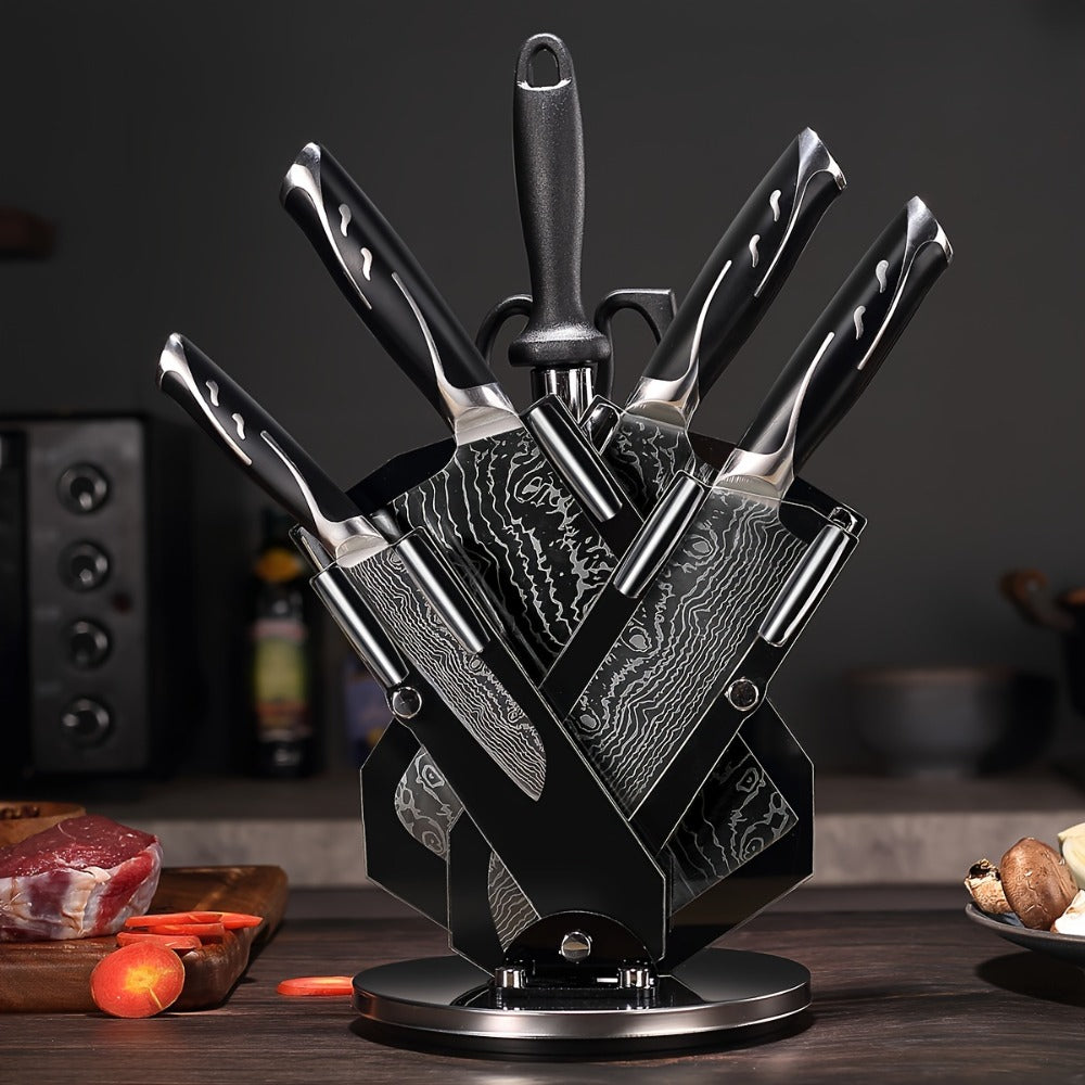 Kitchen Knife Set 7-Piece Damascus Pattern Stainless Steel with Universal Knife Block Holder ¨C Chef Knife, Fruit Knife & Safety Knives Included, Non-Slip Handle