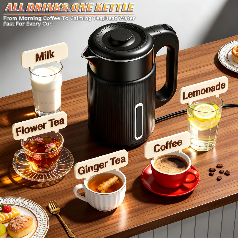 Electric Kettle 1000W Double Wall Stainless Steel ¨C 57.48oz 304 SS Hot Water Kettle with 360¡ã Rotary Base, LED Light, Auto Shut-Off & Boil-Dry Protection, Instant Water Warmer for Coffee & Tea ¨C Black