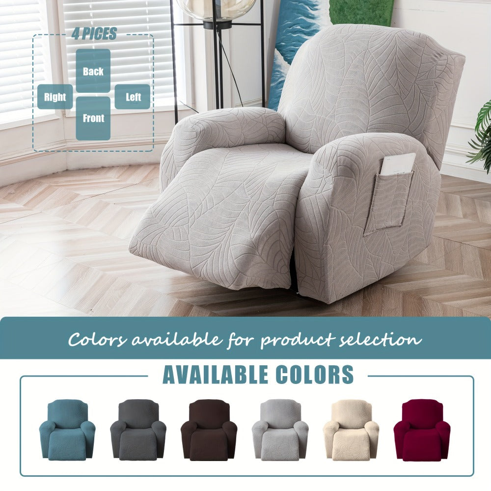 Recliner Chair Cover Slipcover 4-Piece Set ¨C Leaf Jacquard Stretch Furniture Protector with Storage Pocket, Non-Slip Recliner Sofa Cover for Living Room, Machine Washable, 6 Colors Available