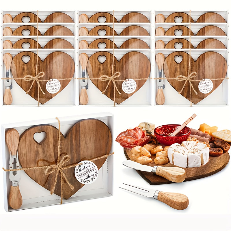Mini Heart Charcuterie Board Set 6/12 Pack ¨C Wood Cheese Board with Knives Bridal Shower Favor Thank You Gift Box for Wedding Birthday Valentine Christmas Party Guest Bamboo Acacia
