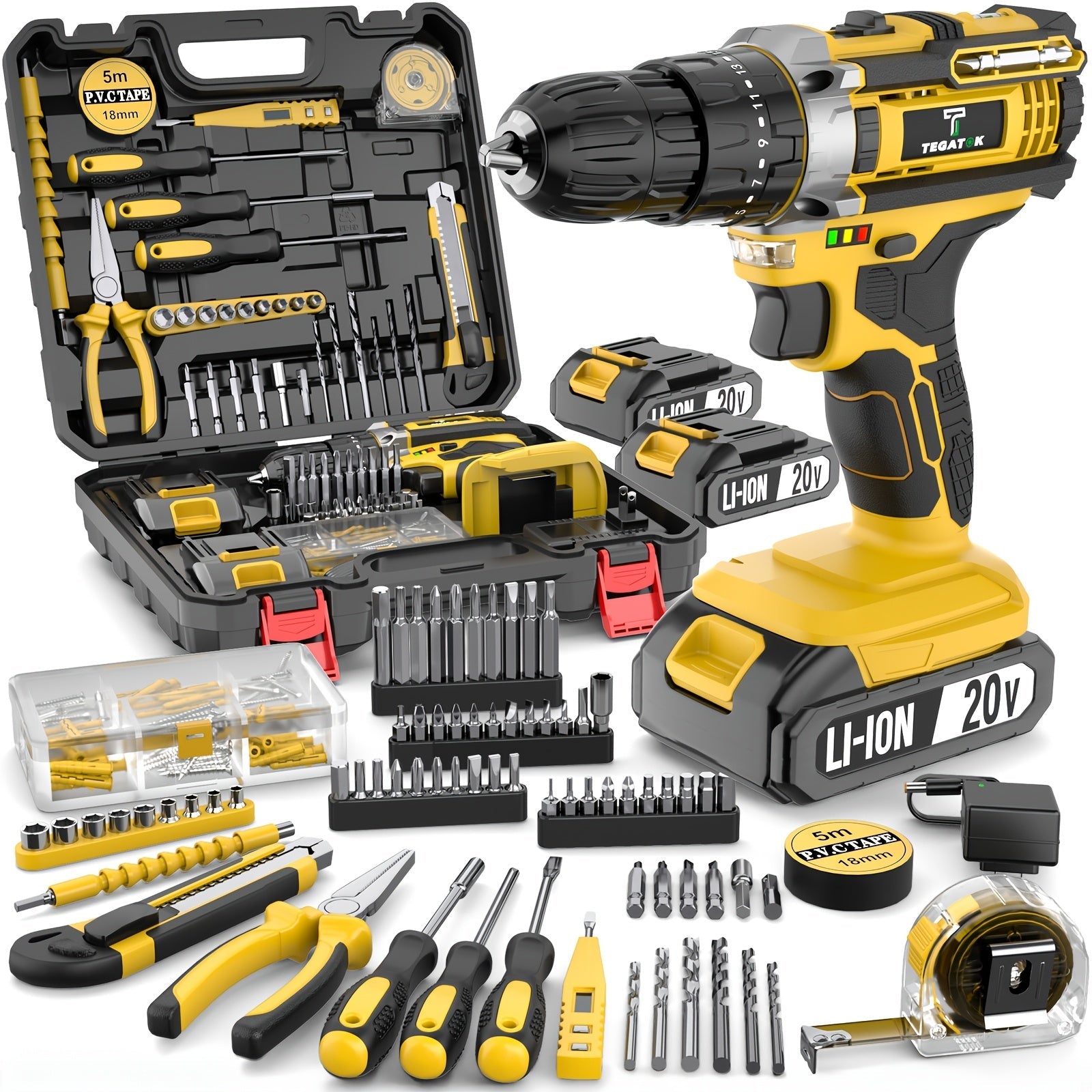 20V Cordless Drill Set Impact Power Drill 3/8 Inch Keyless Chuck 18+3 Clutch 45Nm Max Torque 2-Speed Work Light 2.0Ah Battery Fast Charger 136 148 PCS Kit