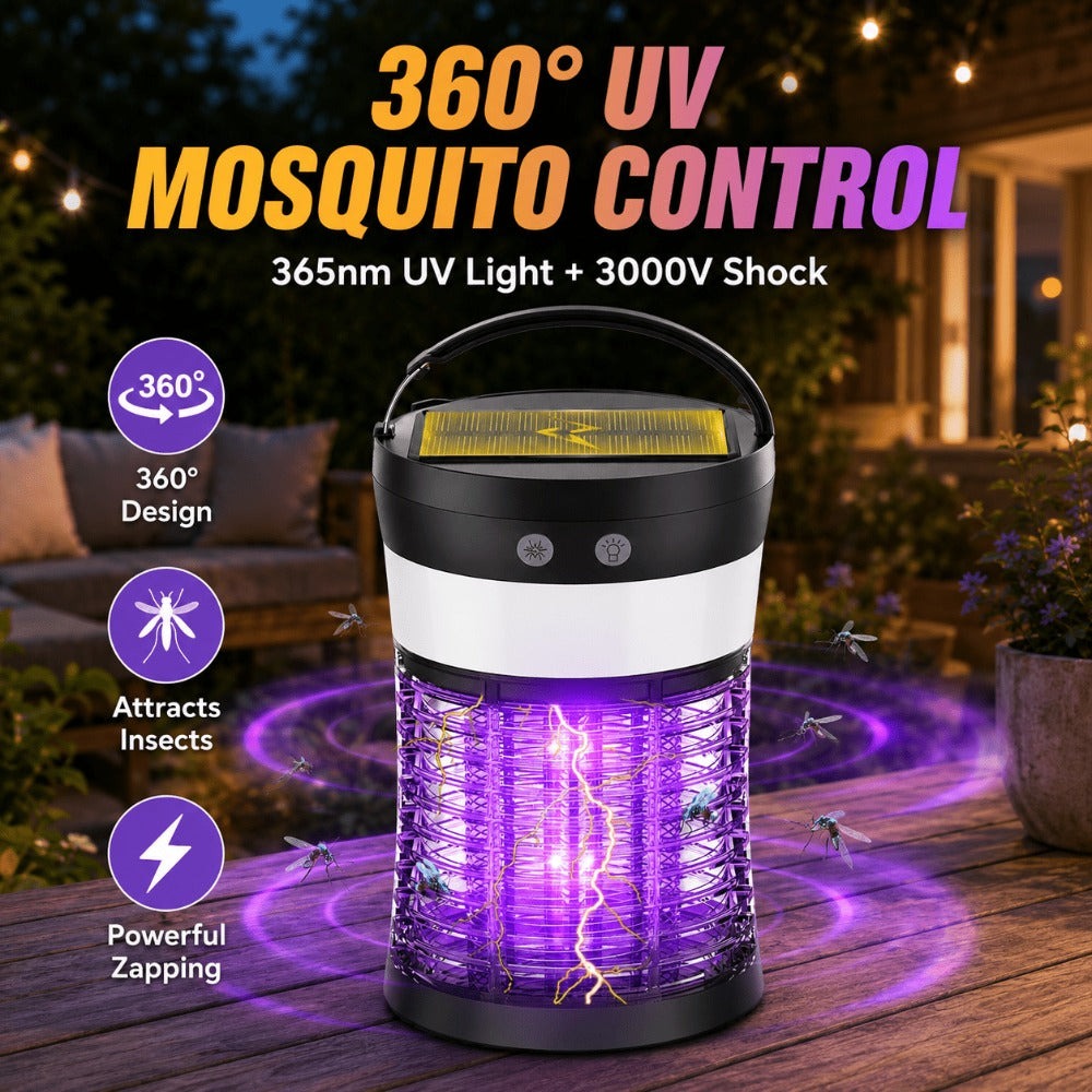 Solar Bug Zapper Electric 3-in-1 ¨C 3000V UV 365nm Mosquito Killer Rechargeable Insect Fly Trap with White Light & Flashlight, 2100 Sq Ft Coverage for Indoor Outdoor Home Patio Backyard Camping ¨C Black