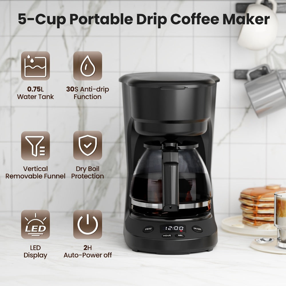 5-Cup Drip Coffee Maker with Coffee Pot, Auto Shut-Off, Anti-Drip & Dry Boil Protection, 25.36oz Water Tank, Compact Small Coffee Machine for Home & Office, Black