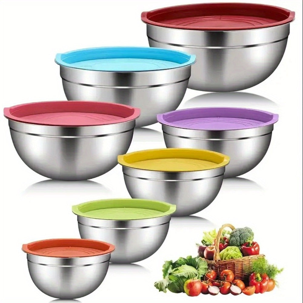 Stainless Steel Mixing Bowls with Airtight Lids Set of 14 Seven Nesting Bowls 0.7 to 4.5QT for Mixing Serving Salad Food Prep Kitchen Storage