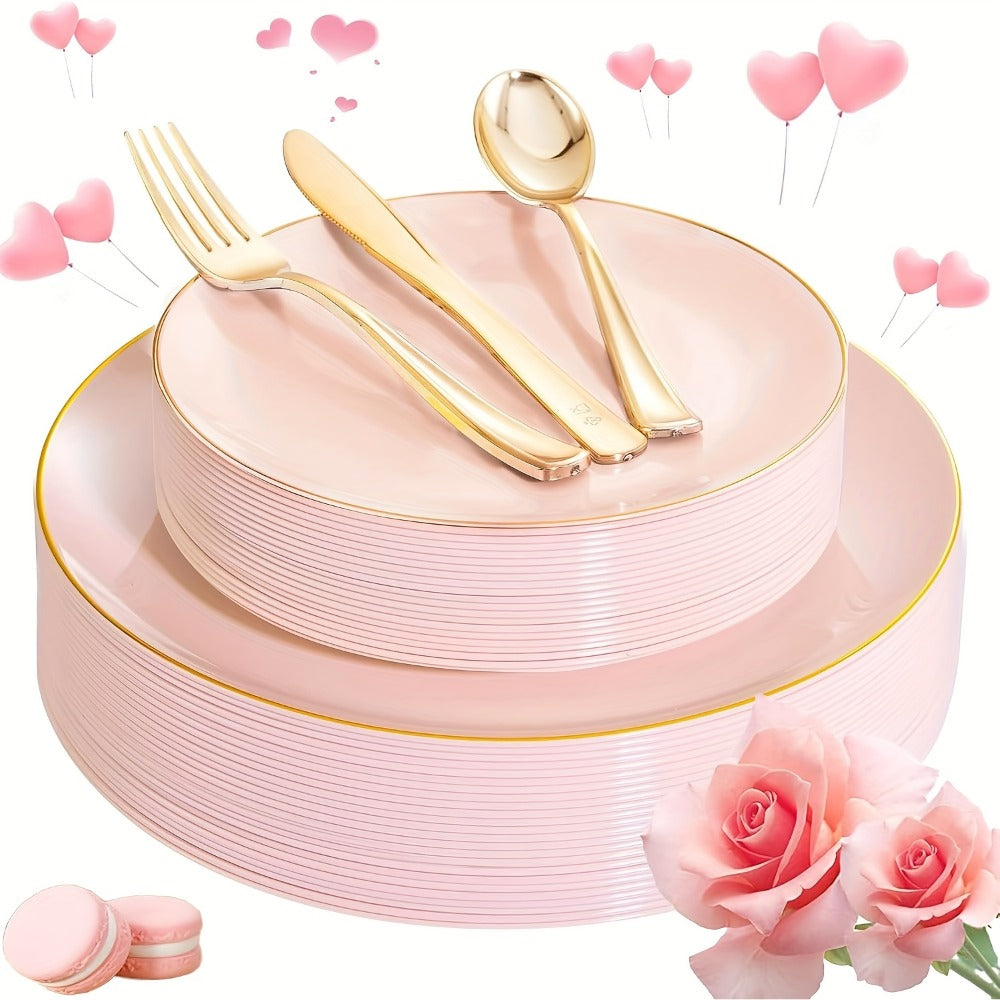 Disposable Plastic Plates Set 50 Piece - Pink Gold Rim Party Tableware with Dinner Plates, Dessert Plates & Utensils for Birthday Wedding Holiday