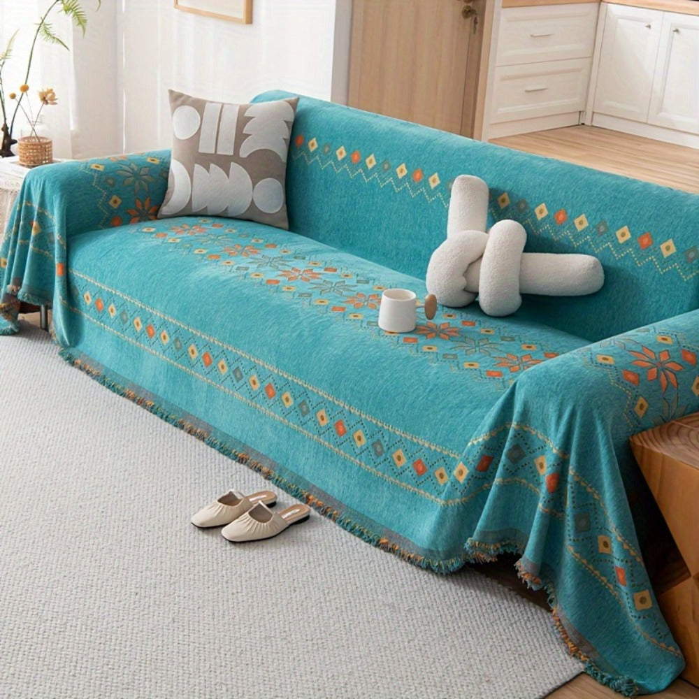 Bohemian Embroidery Chenille Sofa Cover 300GSM - Machine Washable Knit Weave Slipcover for 2 3 4 Seater Sectional Sofa No Padding, 5 Colors