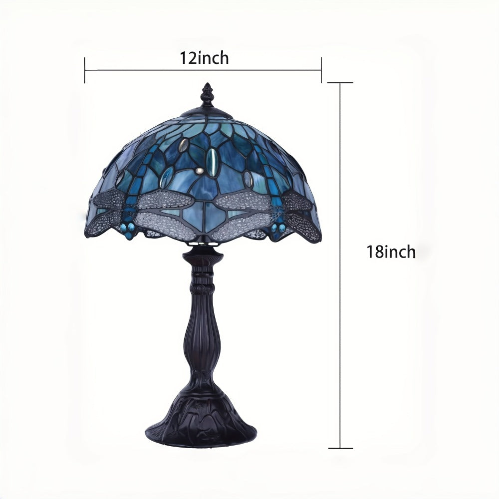 Stained Glass Table Lamp Dragonfly Design - Tiffany Style Bedside Lamp with Colorful Art Glass Shade, 18-Inch LED Night Light for Bedroom Nightstand Living Room Reading Desk Home Decor