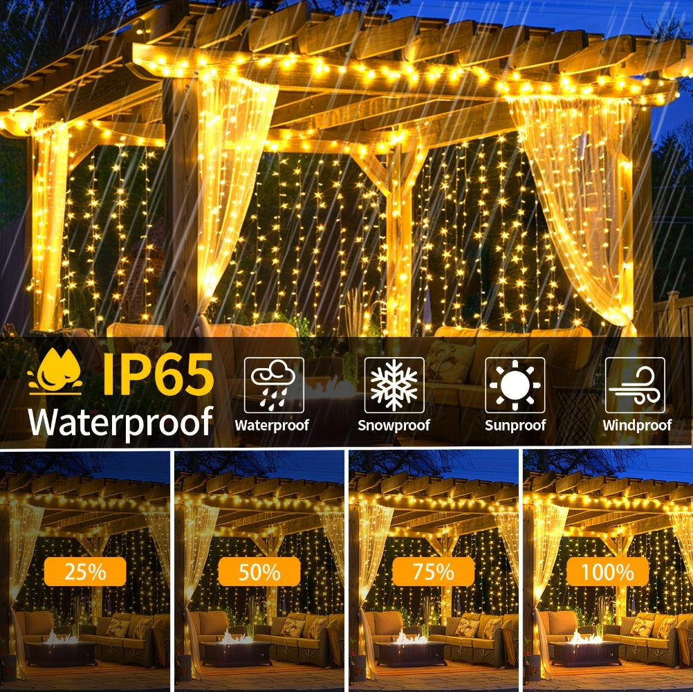 Curtain Lights for Gazebo Outdoor, 330 LED 10ft x 10ft Waterfall Fairy Lights Battery Operated with Remote, IP65 Waterproof Hanging String Lights with 8 Modes for Bedroom Porch Patio Wedding Decoration