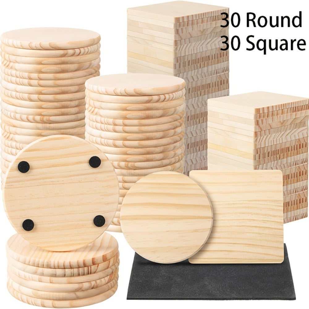 Unfinished Wood Coasters for Crafts 4 Inch Square and Round Wooden Coasters with Non-Slip Pad for DIY Engraving Staining Painting Drinks Coffee Table Home Kitchen 30 or 60pcs