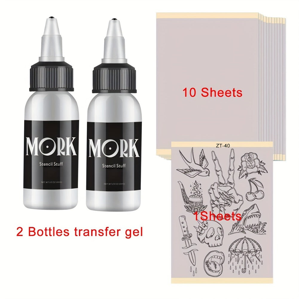 Tattoo Stencil Transfer Kit ¨C 2x Transfer Gel, 10x A4 Blank Thermal Stencil Paper & 1x Pre-Drawn Pattern Sheet ¨C Complete Tattoo Transfer Solution for Artists & Beginners