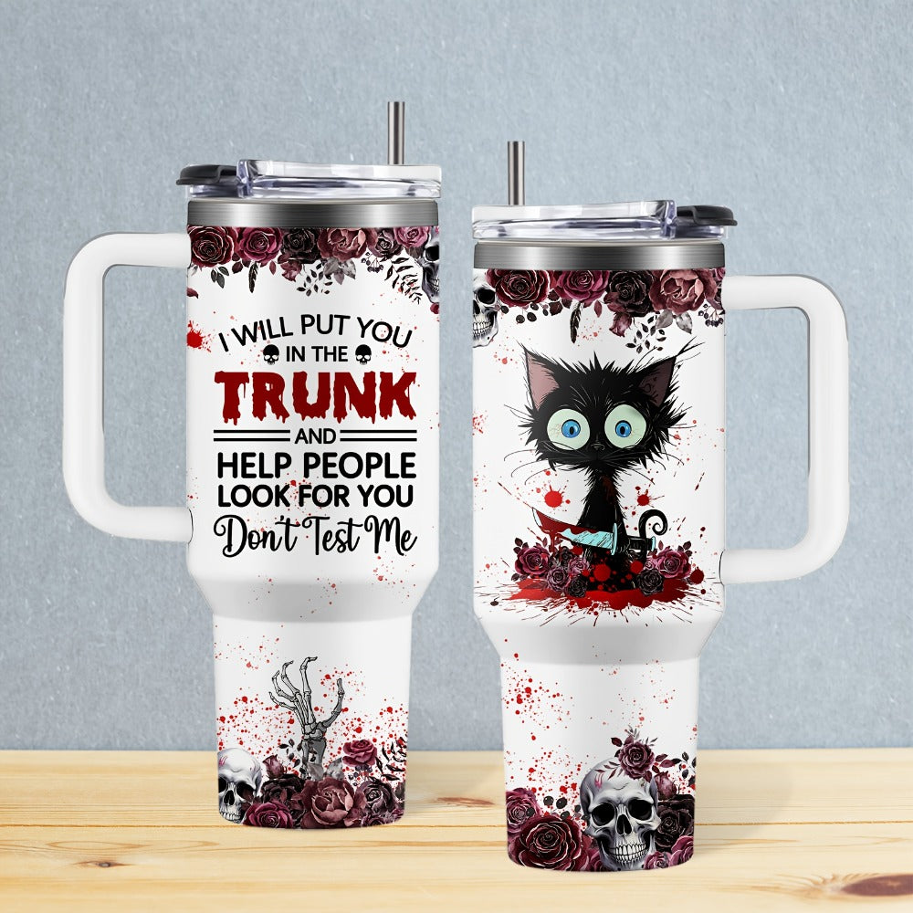 Halloween Horror Cat 40oz Insulated Tumbler with Lid and Straw ¨C Stainless Steel Large Capacity Coffee Cup with Handle | Spooky Cat Mug for Halloween Gifts Office Home