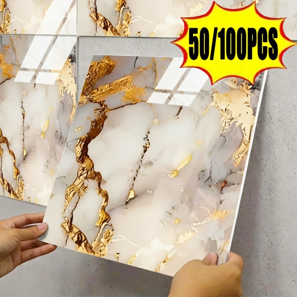 Self-Adhesive Marble Tile Stickers 11.8x11.8in Peel and Stick Wall Tiles for Bathroom Kitchen Backsplash ¨C Waterproof 3D Glossy Imitation Marble Wall Panel, Easy to Install, 50 or 100 Pack