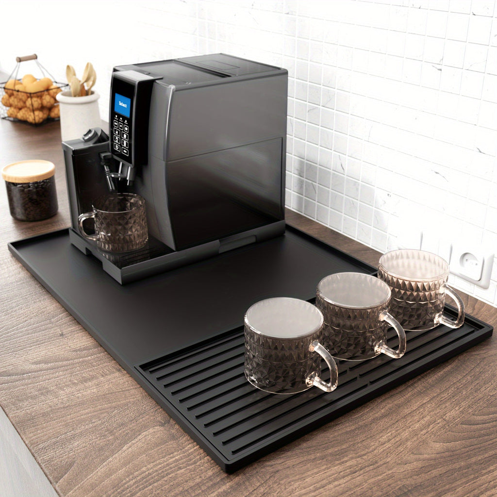 Coffee Bar Mat Silicone with Raised Edges 2-in-1 - Dish Drying Mat for Countertop, Coffee Maker Espresso Machine Mat, Spill Proof Kitchen Counter Mat 23.6¡± x 15.7¡±, Black or Gray