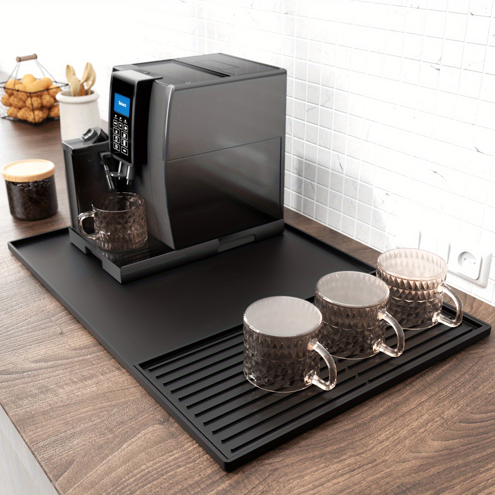 Coffee Bar Mat Silicone with Raised Edges 2-in-1 - Dish Drying Mat for Countertop, Coffee Maker Espresso Machine Mat, Spill Proof Kitchen Counter Mat 23.6¡± x 15.7¡±, Black or Gray