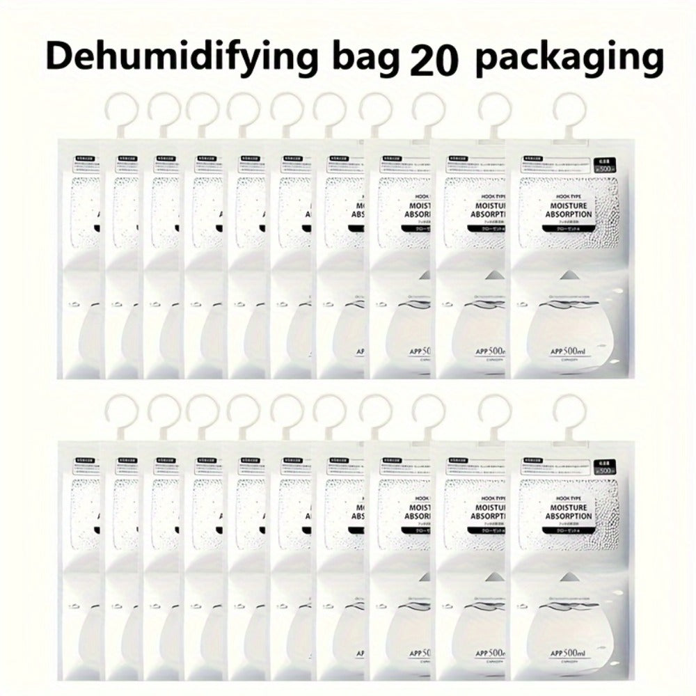 Moisture Absorber Bags 20 Pack Hanging Dehumidifier Bags 90-Day Power-Free Reusable Damp Absorber with Hooks for Wardrobe Bedroom Bathroom Closet