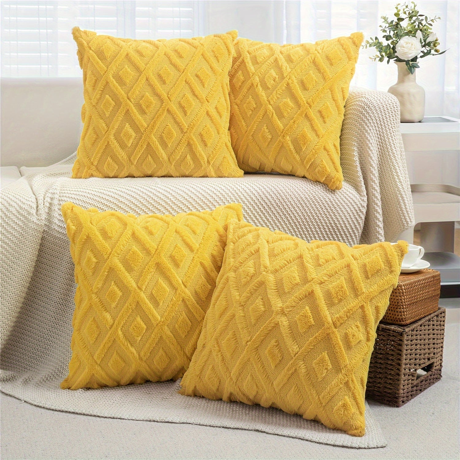 Luxury Faux Wool Pillow Covers 18x18 Set of 4 Boho Soft Plush Decorative Cushion Cases with Zipper for Couch Sofa Living Room - Heather Pink Navy Blue Yellow