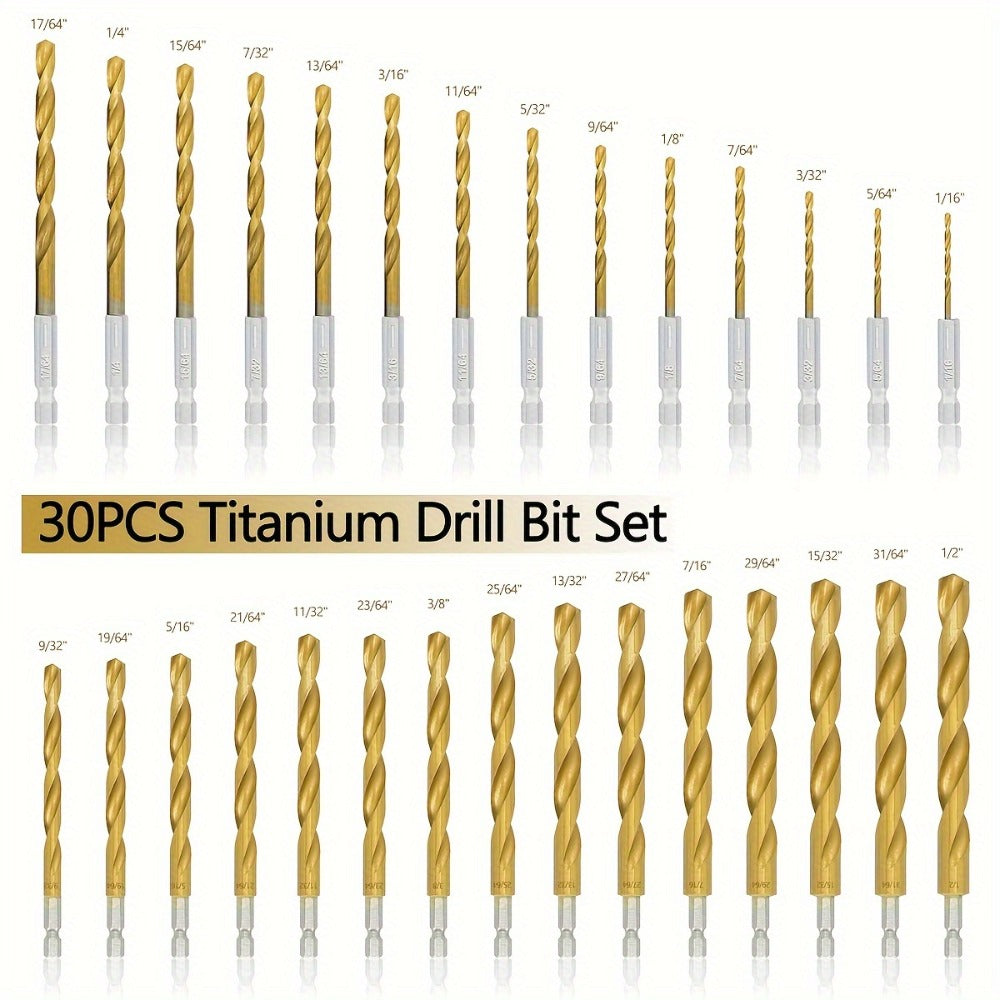 Titanium HSS Drill Bit Set 30PCS Hex Shank Quick Change 1/16 to 1/2 Inch for Metal Wood Plastic Hand Drilling Electric Screwdriver Drill Press Round Shank Twist Bits