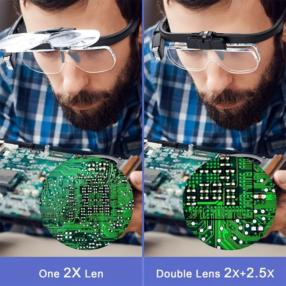 Headband Magnifier with LED Light Hands Free Illuminated Head Magnifying Glass Up to 4.5X Dual Lens Slots for Reading Jewelry Making Watch Repair Soldering Close Up Work