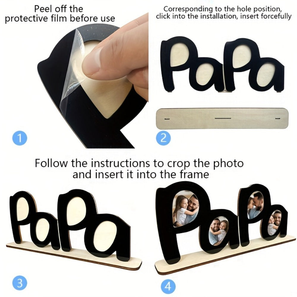 Wooden Photo Frame Papa Circular Classic Design Desktop Display Sentimental Gift for Dad Husband Grandfather Father's Day Birthday Christmas Home Decor Durable Wood Picture Frame