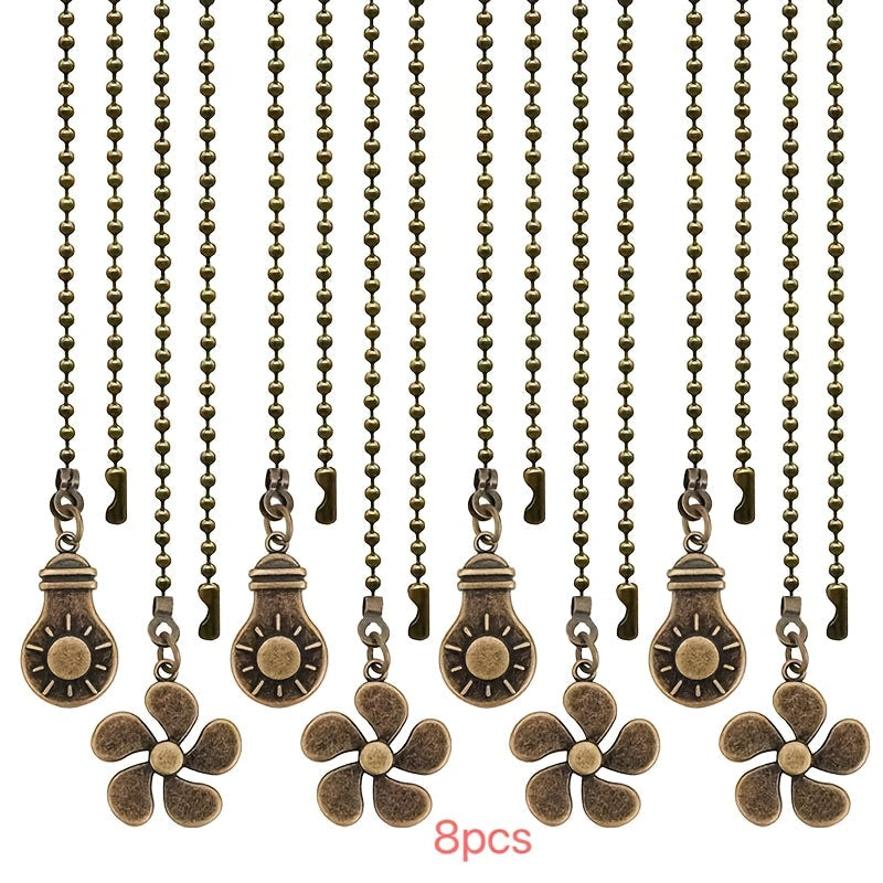 Ceiling Fan Pull Chain Extension Set of 8 - Decorative Bead Chain Pull Cord with Five-Leaf & Bulb Pendants, Iron Chain & Zinc Alloy, Bronze, Black, White, Red, Multi-Color, No Batteries Required