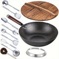 Carbon Steel Wok Pan 12.6 Inch with Lid & 10 Accessories ¨C Uncoated Chinese Stir Fry Wok, Flat Bottom for Electric Induction Gas Stoves, 11-Piece Cookware Set