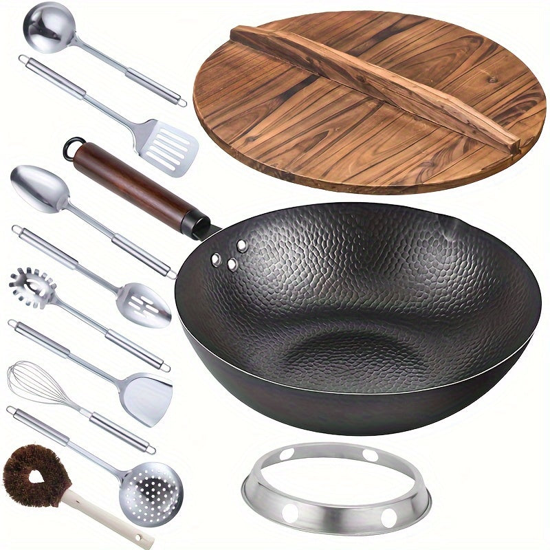 Carbon Steel Wok Pan 12.6 Inch with Lid & 10 Accessories ¨C Uncoated Chinese Stir Fry Wok, Flat Bottom for Electric Induction Gas Stoves, 11-Piece Cookware Set