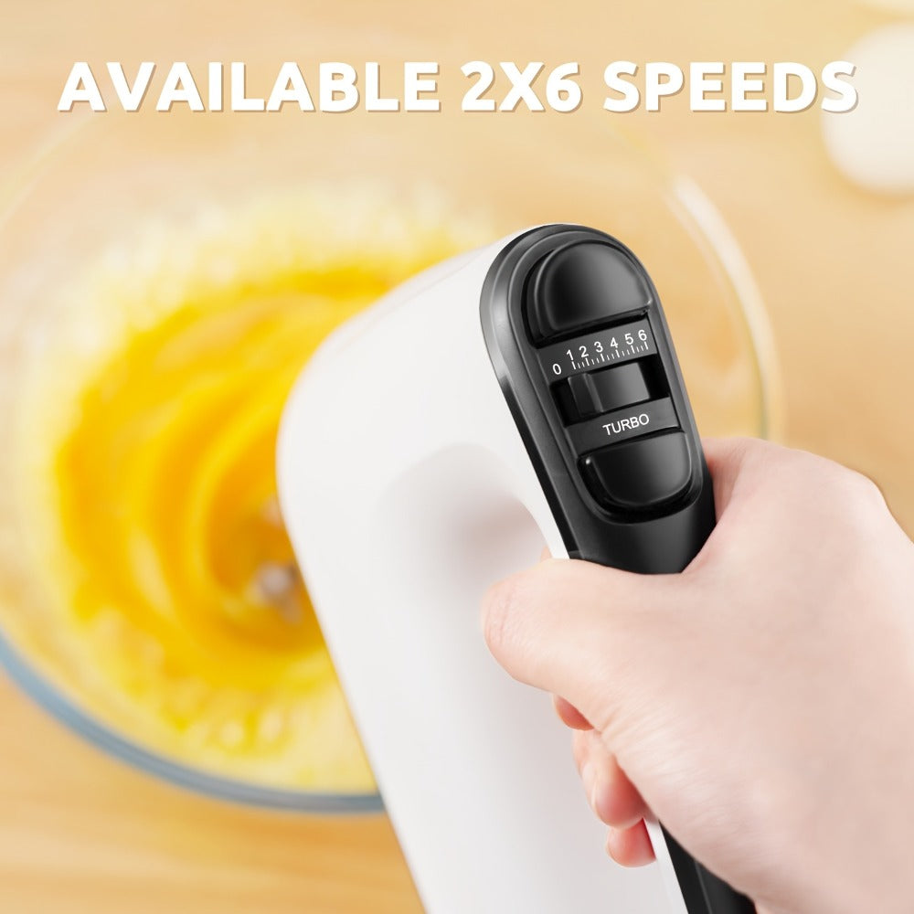 Electric Hand Mixer 6 Speed & Turbo with 5 Stainless Steel Accessories & Snap-On Storage Case ¨C Handheld Mixer for Whipping Cream Beating Eggs Mixing Cookie Cake Brownie Dough Batter | White Silver