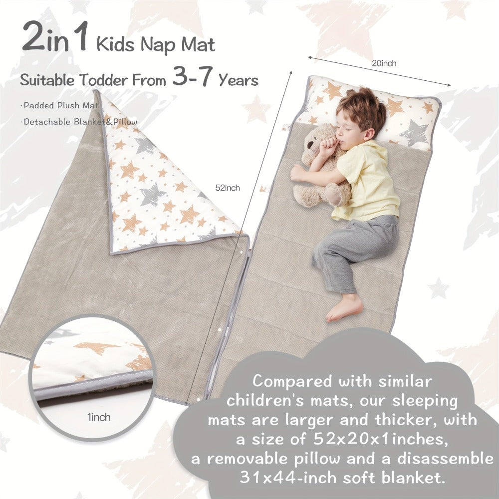 Toddler Nap Mat with Removable Pillow & Minky Blanket, Rollup Kids Sleeping Mat for Daycare Preschool, Portable Toddler Sleeping Bag for Travel Camping, Star Pattern
