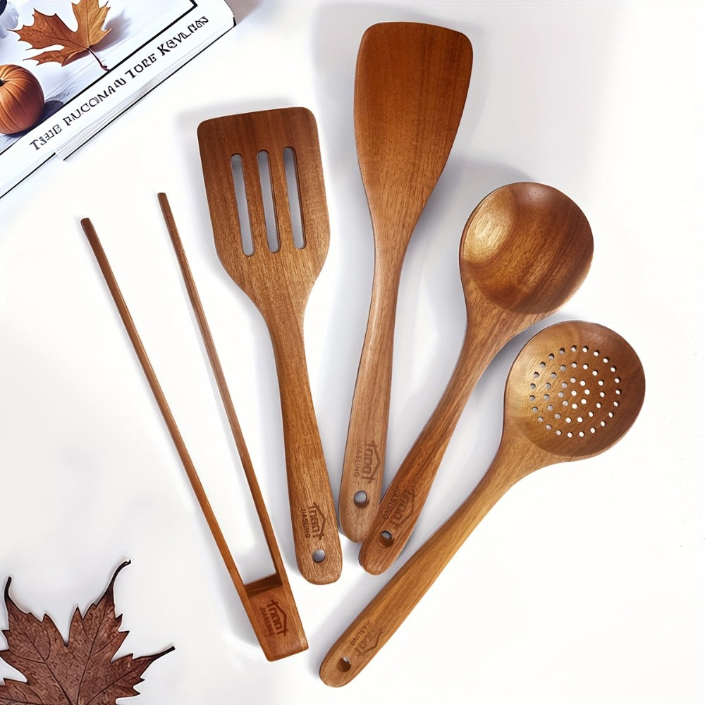 Wooden Kitchen Utensils Set 3/5/7Pcs ¨C Natural Wood Spoons, Spurtle, Ladle & Wok Spatulas for Non-Stick Pans | Heat Resistant, Ergonomic Handle, Easy to Clean