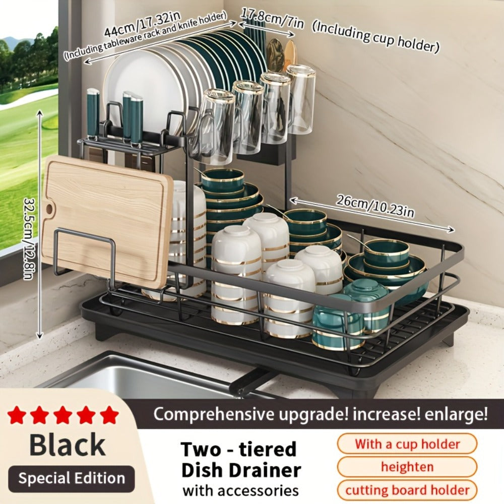2-Tier Metal Dish Drying Rack with Cutlery Holder Cup Holder & Rust-Proof Drip Tray ¨C Space Saving Countertop Kitchen Organizer