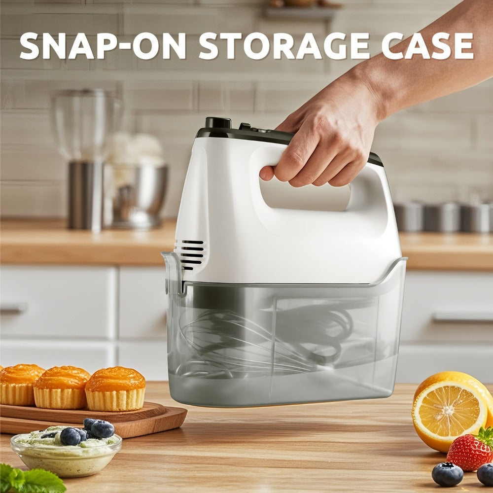 Electric Hand Mixer 6 Speed & Turbo with 5 Stainless Steel Accessories & Snap-On Storage Case ¨C Handheld Mixer for Whipping Cream Beating Eggs Mixing Cookie Cake Brownie Dough Batter | White Silver