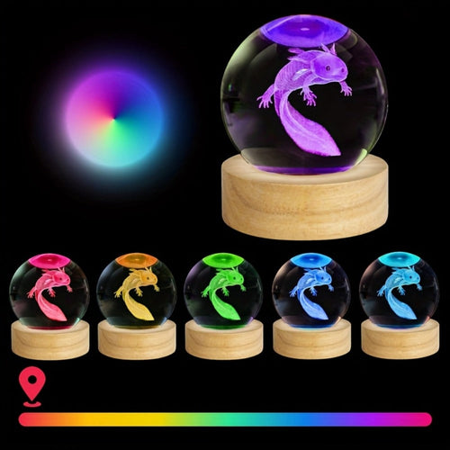3D Axolotl Crystal Ball Night Light ¨C USB Powered LED Colorful Gradient Glow Orb Atmosphere Lamp with Bamboo Base, Amphibian Figurine Desk Light for Home Decor, Bedroom, Kids Room & Unique Gift (2.36in)