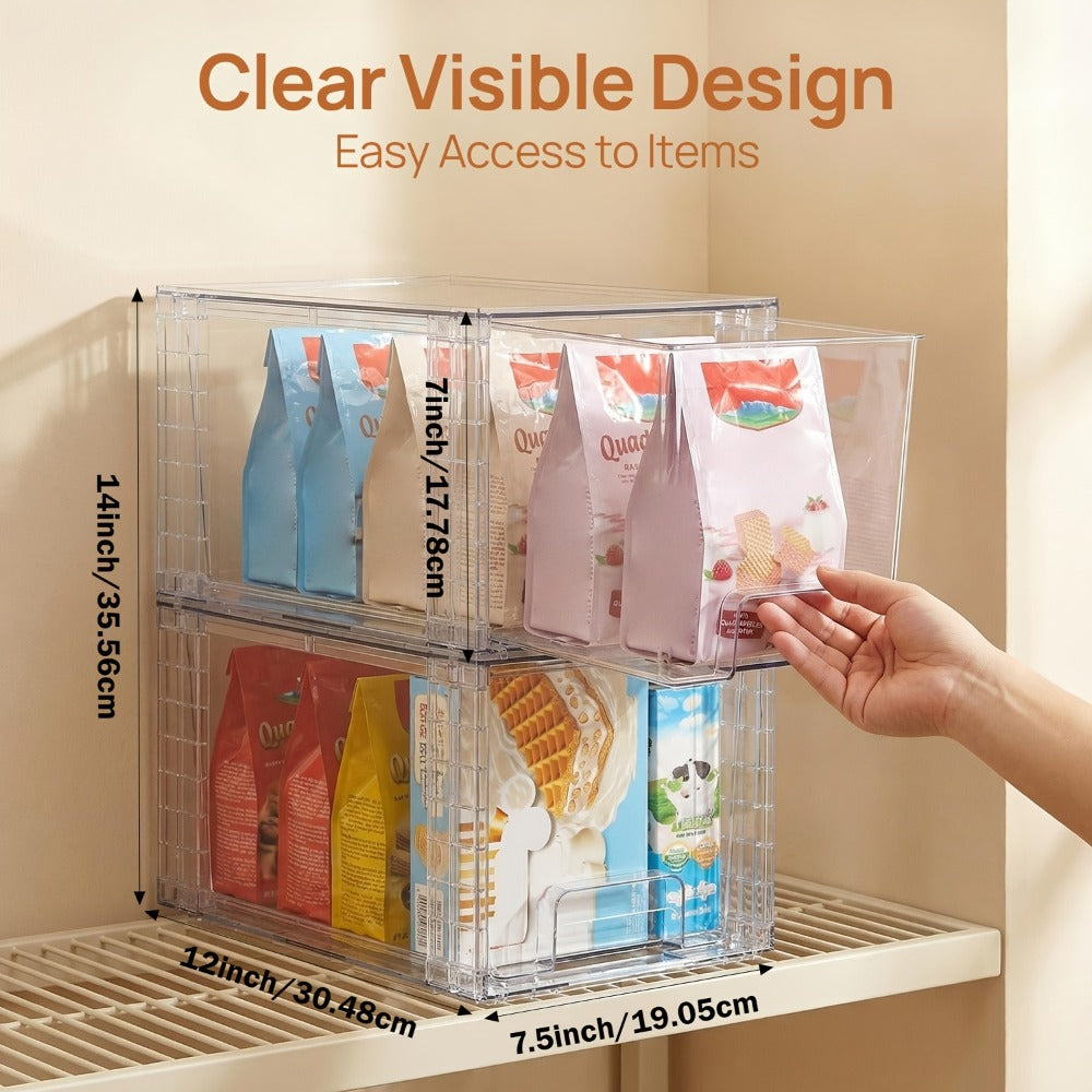 Clear Acrylic Food Storage Bins with Lids Stackable - Kitchen Pantry Organizer Boxes Cabinet Drawers for Dry Food Snacks Cereal, 12x7.5x7in, 2/4/6/8 Pack
