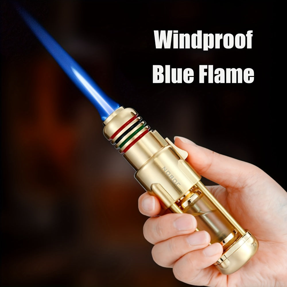 Butane Torch Lighter Windproof Jet Flame Zinc Alloy Refillable ¨C Visible Fuel Tank, Adjustable Blue Flame, Rocket Design for Camping, BBQ, Cigar & Outdoor Use, Grey & Golden (No Butane Included)