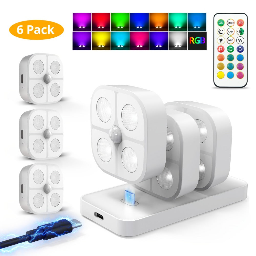 Puck Lights Rechargeable RGB with Charging Station - Motion Sensor Under Cabinet Lighting, Wireless LED Closet Lights with Remote Control, Color Changing Night Light for Hallway Stairway Bathroom Bedroom Kitchen, 3/4/6 Pack