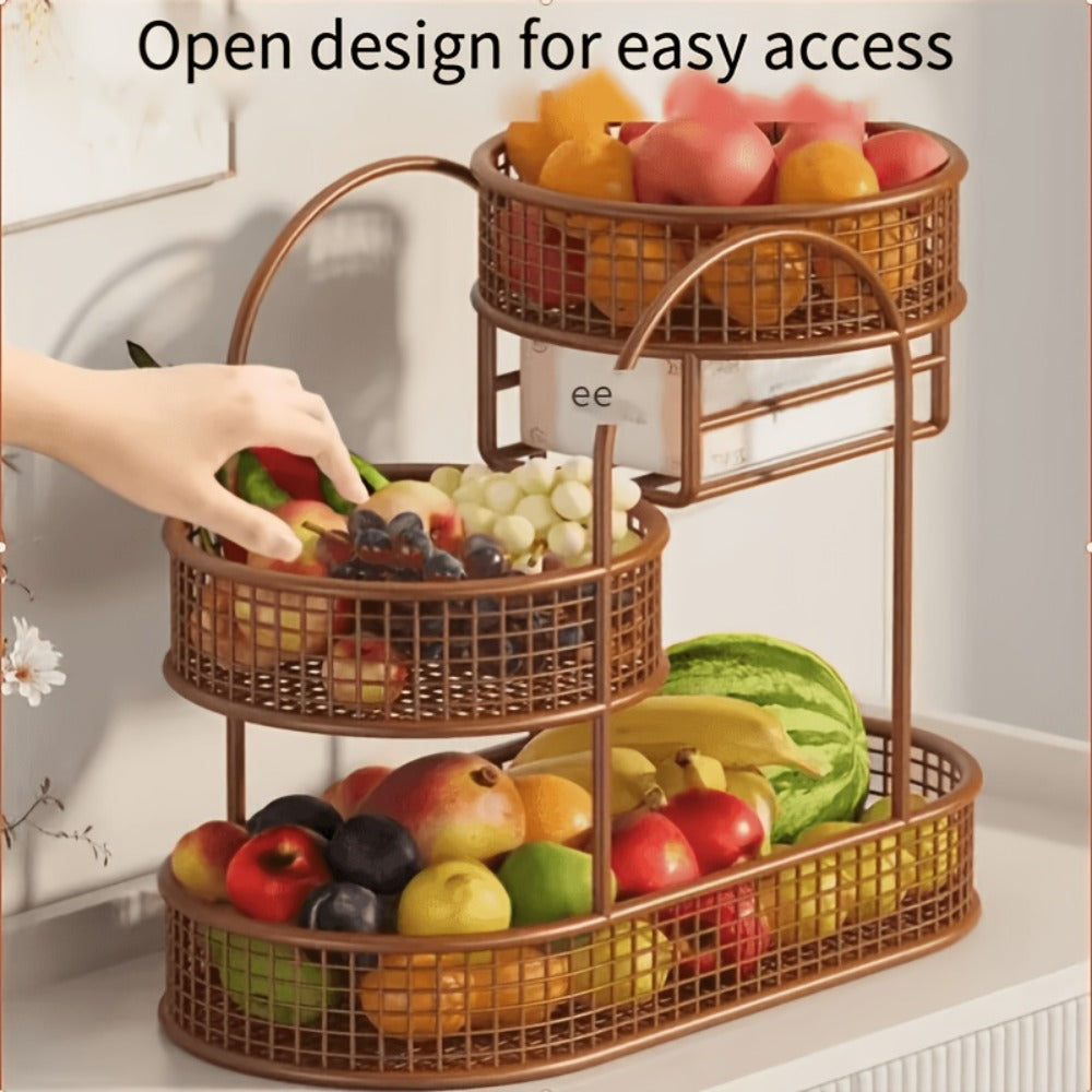 3-Tier Metal Fruit Basket Stand Extra Large Heavy Duty Countertop Fruit Bowl with Grid Design, Breathable Ventilated Multi-Level Storage Rack for Fruits Vegetables Bread Kitchen Organization