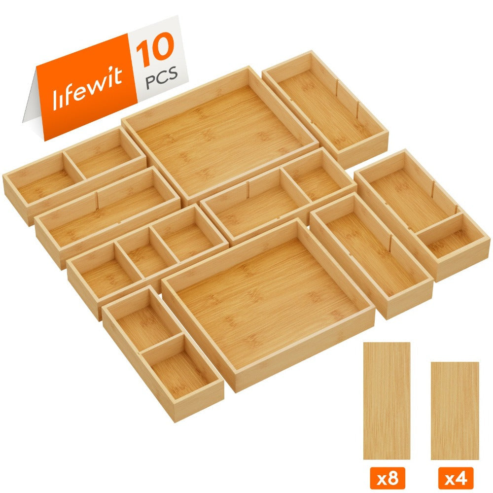 Bamboo Drawer Organizer 10 Pack, Adjustable Stackable Drawer Dividers Bins for Kitchen Utensils, Silverware, Makeup, Office Supplies, Bathroom Vanity & Junk Drawer