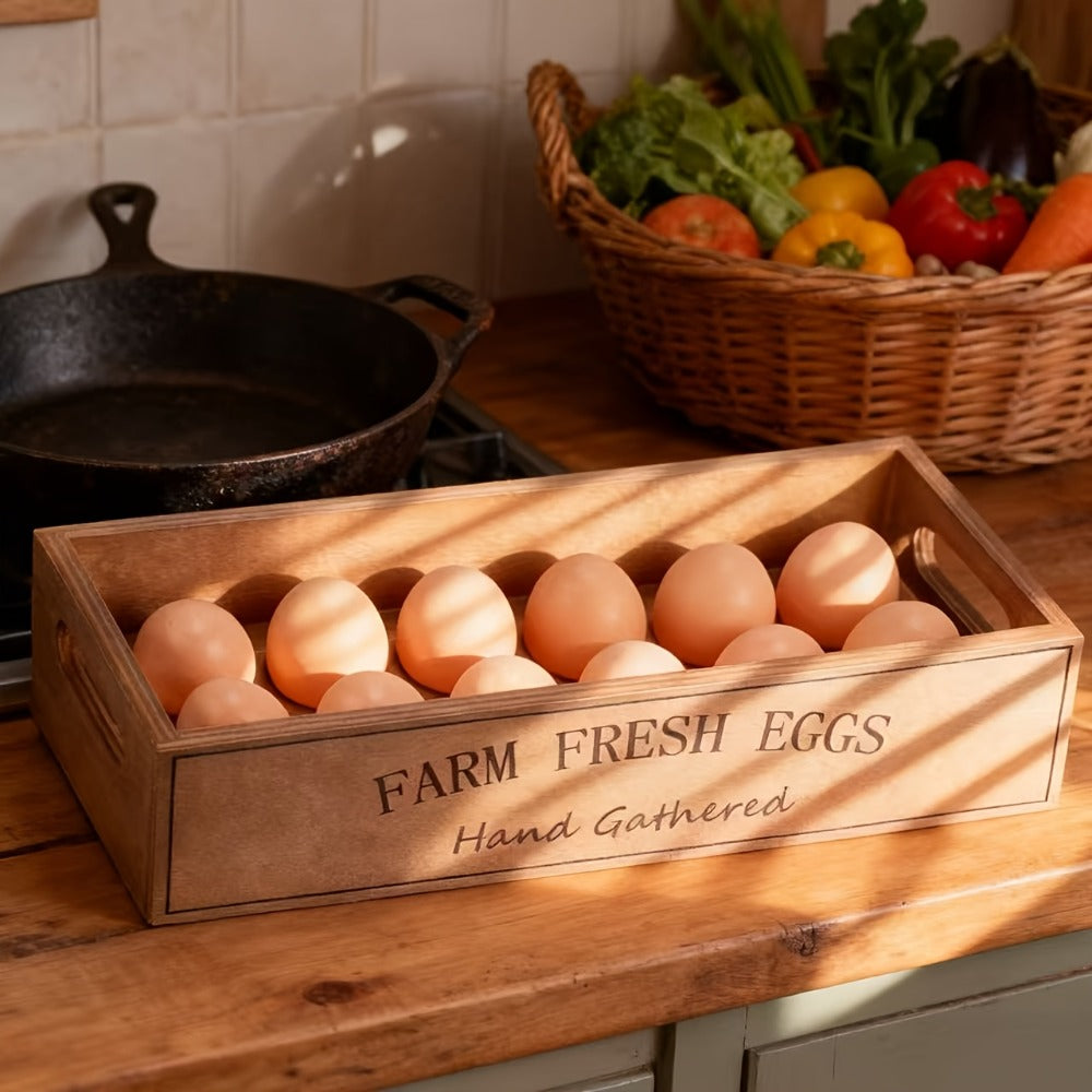 Farmhouse Wooden Egg Holder Rack 2pcs - 24 Egg Storage Display with Handle for Kitchen, Farm, Easter