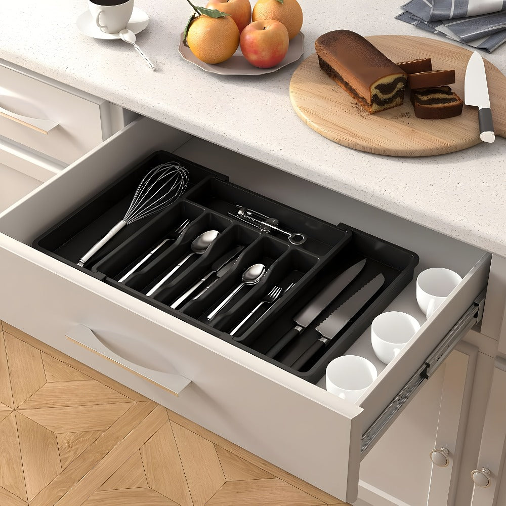 Silverware Organizer Adjustable Drawer Organizer | Utensil & Cutlery Storage Tray for Kitchen Drawer | Expandable Knife Fork Spoon Holder 22.4¡± x 15¡± x 2¡± | Kitchen Organization & Storage in Black Grey White